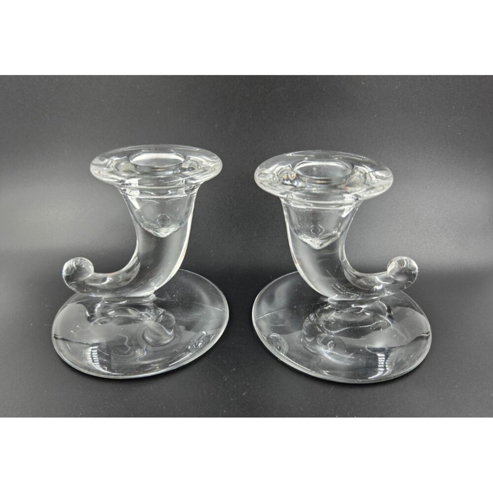 PAIR VTG New Martinsville Candle Sticks Clear Glass Crystal USA CORNUCOPIA STYLE